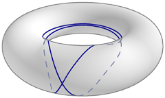 [torus with geodesic that crosses itself once and touches each barrier curve once while making two loops in the u direction]
