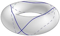 [torus with geodesic that crosses itself three times and touches each barrier curve three times while making two loops in the u direction]