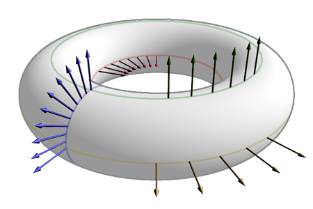 [torus with four sets of normals, each set a different color]